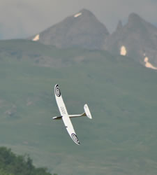 White glider, Seagull, banking towards the camera with mountains in the background