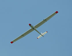 white foam glider with red wing tips flying against spring treetops and blue sky