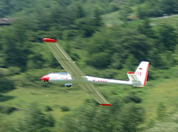 White foam glider with red wing tips flying against greenery