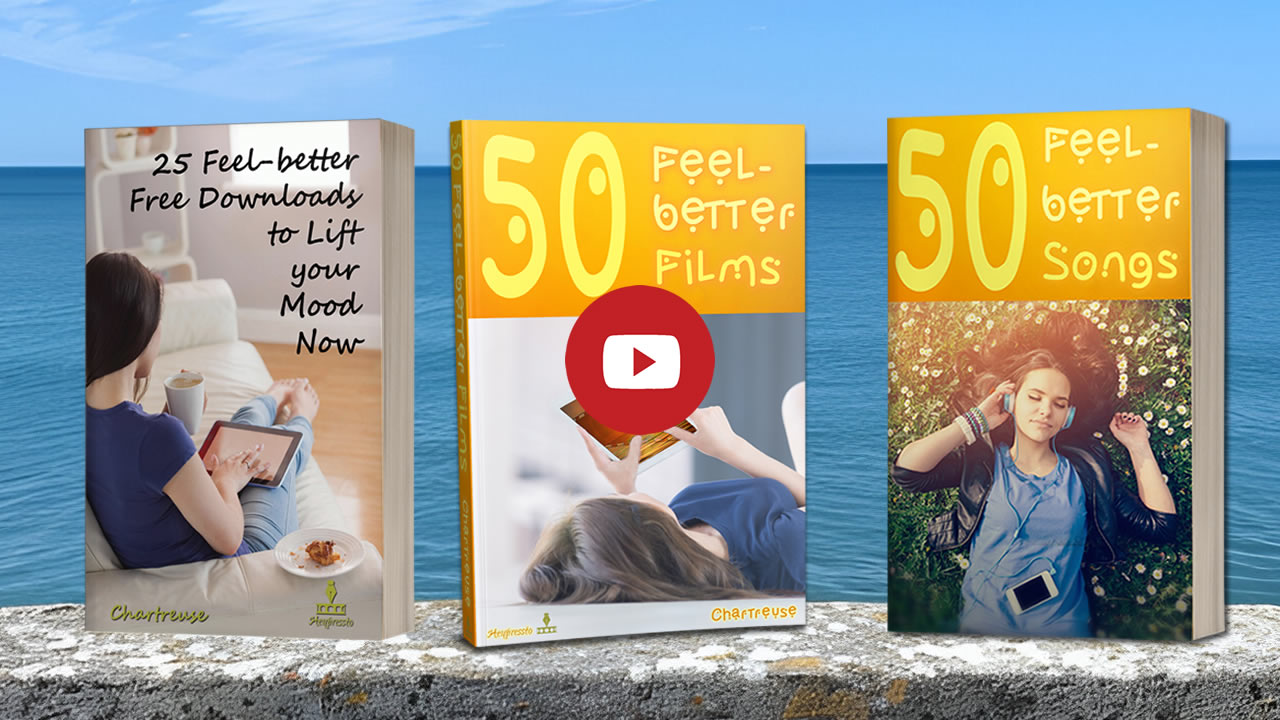 Click to go to trailer fo Feel better Collections Book: 50 Feel-better Films, 50 Fell-better Songs and 25 Feel-better Free Downloads s on a wall with blue sea and sky beyond